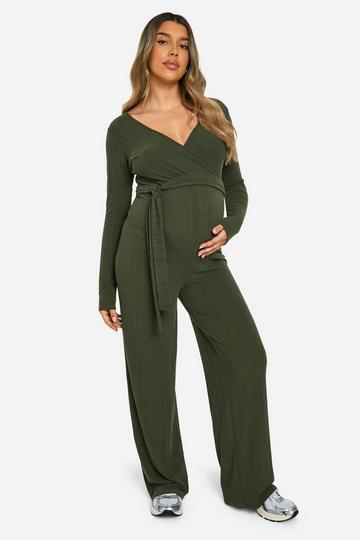 Khaki Maternity Wide Soft Rib Wrap Tie Detail Wide Leg Jumpsuit