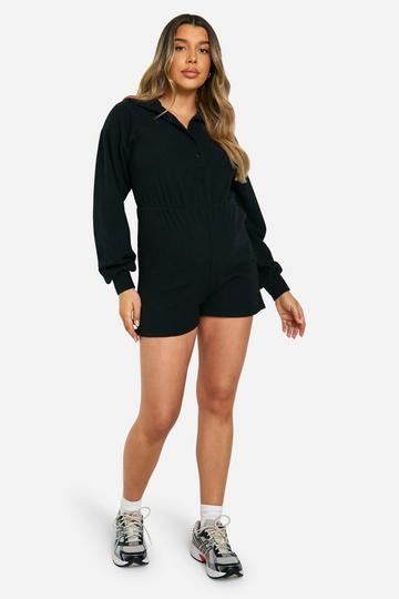 Maternity Soft Rib Oversized Collar Button Detail Long Sleeve Playsuit black