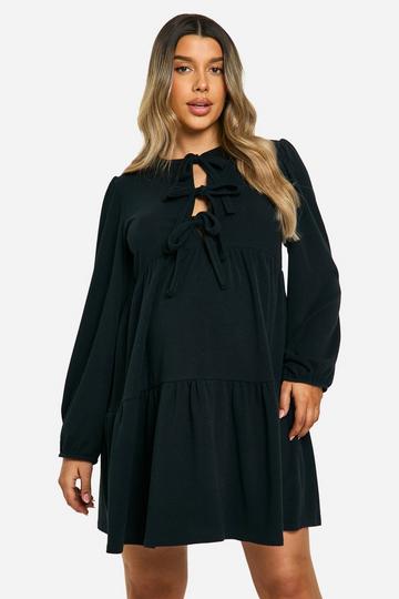 Black Maternity 2 Tone Rib Tie Front Frill Hem Long Sleeve Mini Smock Dress