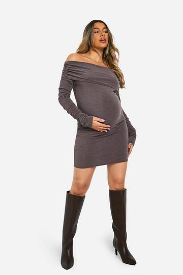 Maternity 2 Tone Rib Bardot Ruched Detail Long Sleeve Mini Dress chocolate