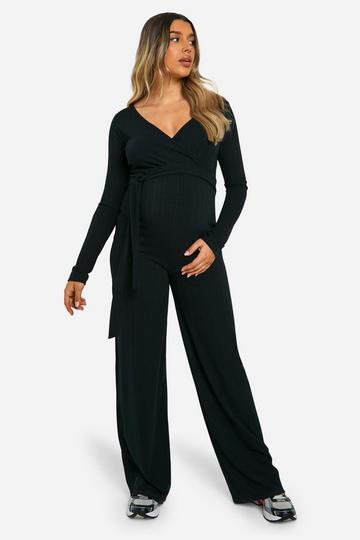 Maternity Wide Soft Rib Wrap Tie Detail Wide Leg Jumpsuit black