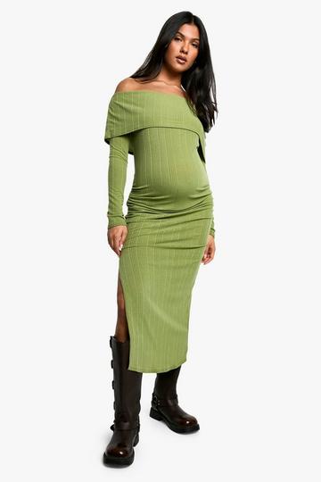 Maternity Wide Soft Rib Deep Bardot Long Sleeve Side Split Midaxi Dress olive