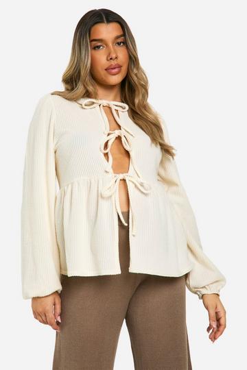 Maternity Soft Rib Tie Front Frill Hem Long Sleeve Smock Top cream