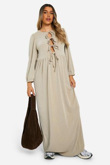 Maternity Textured Rib Tie Front Smock Frill Hem Long Sleeve Maxi Dress stone