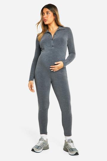 Grey Maternity Soft Rib Button Down long Sleeve Jumpsuit