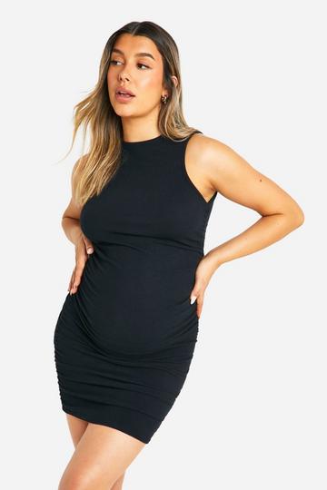 Maternity Textured Rib Exaggerated Ruched Side Detail Racer Mini Dress black