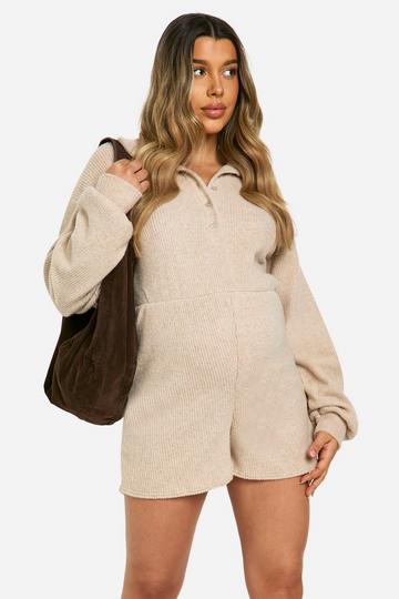 Stone Beige Maternity Soft Rib Oversized Collar Button Detail Long Sleeve Playsuit