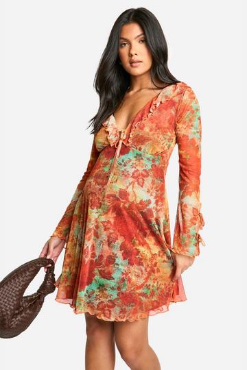 Zwangerschap Mesh Bloemenprint Mini Skater Jurk Met Ruches En Lange Mouwen orange