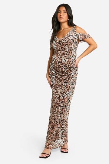 Maternity Mesh Leopard Print Cowl Neck Bardot Maxi Dress brown