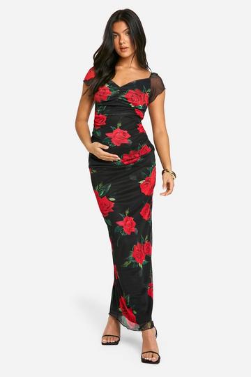 Maternity Mesh Rose Print Cap Sleeve Bodycon Midaxi Dress black