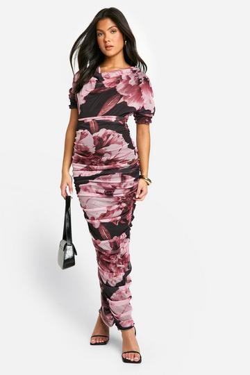 Zwangerschap Geplooide Mesh Bloemen Maxi Jurk Met Waterval Hals En Korte Mouwen black