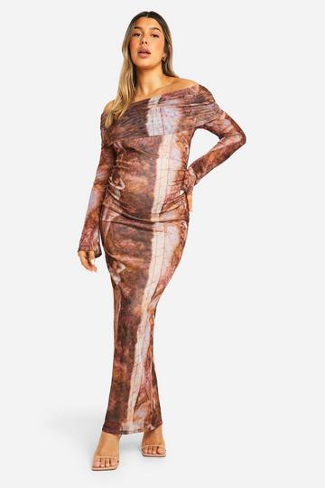 Maternity Mesh Snake Print Fold Over Bardot Midaxi Dress multi