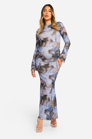 Maternity Abstract Print Lettuce Hem Long Sleeve Maxi Dress grey