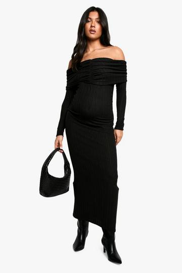 Maternity Textured Bardot Long Sleeve Maxi Dress black