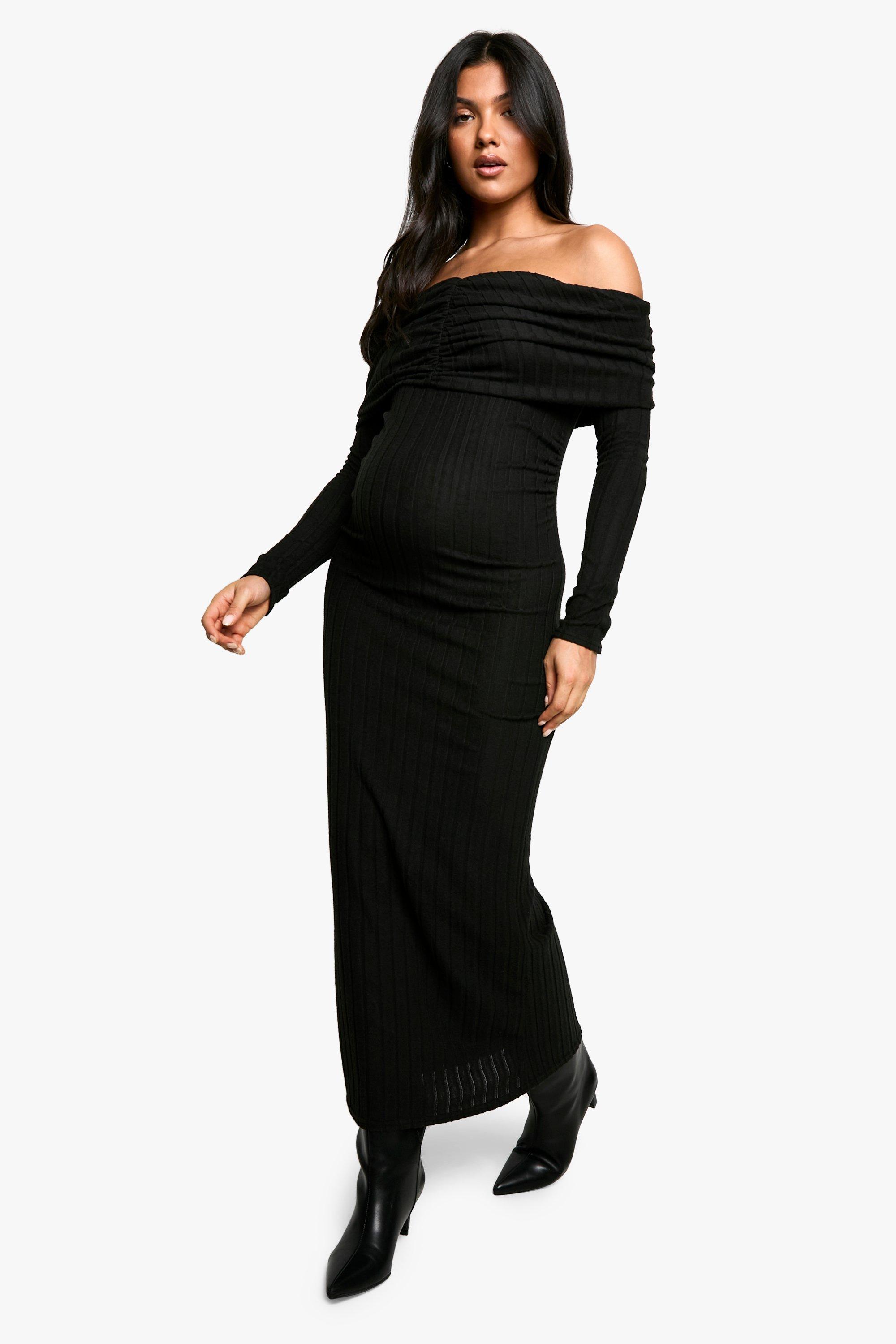 boohoo Maternity Textured Bardot Long Sleeve Maxi Dress Black Size 12