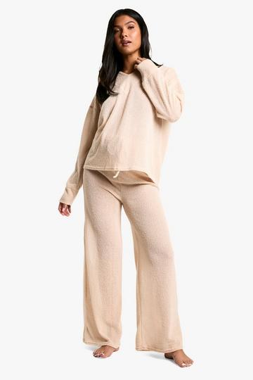 Stone Beige Maternity Lounge Soft Textured Drawstring Wide Leg Trouser