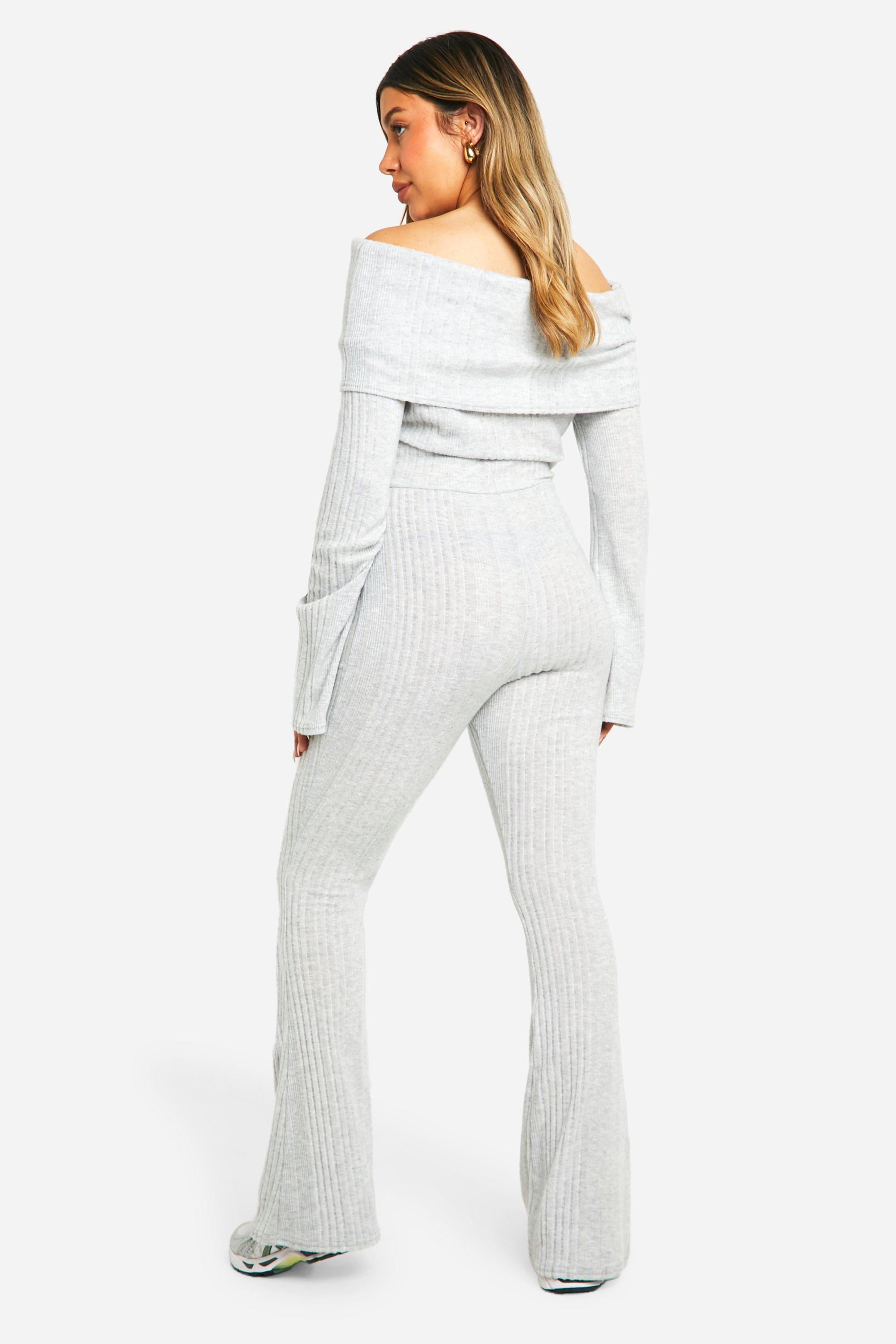 Maternity Textured Deep Bardot Off The Shoulder Long Sleeve Flared Jumpsuit boohoo