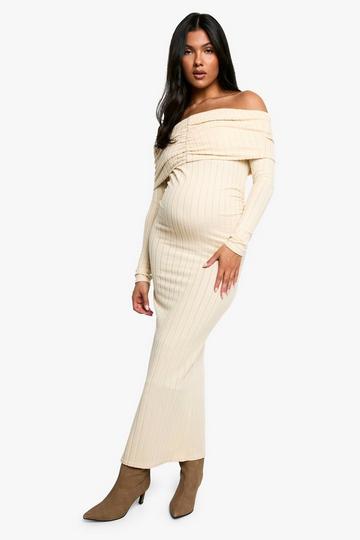 Maternity Textured Bardot Long Sleeve Maxi Dress cream