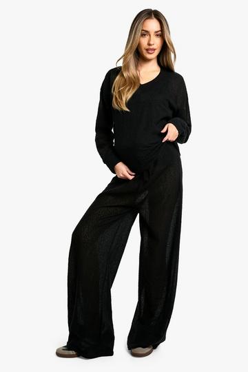 Maternity Lounge Soft Textured Drawstring Wide Leg Trouser black