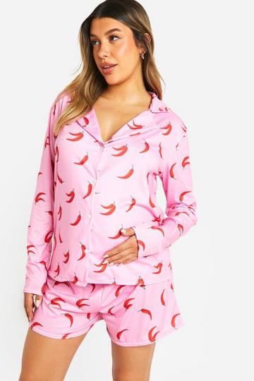 Zwangerschap Chilli Overhemd Met Lange Mouwen En Shorts Pyjama Set pink