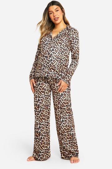 Maternity Leopard Print Long Sleeve Shirt & Pants Pj Set brown