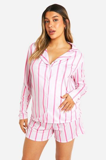 Maternity Stripe Long Sleeve Shirt & Short PJ Set pink