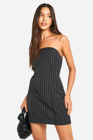 Black Pinstripe Bandeau Tailored Mini Dress