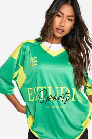 Studio Slogan Colour Block Collared V Neck Football Top green