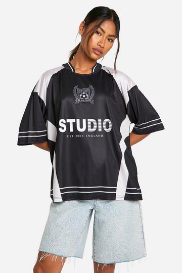 Black Studio Slogan Mono Collared Football Top