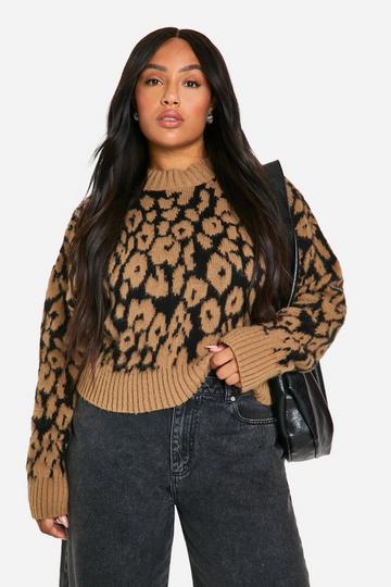 Plus Geribbelde Luipaardprint Trui Met Crewneck leopard