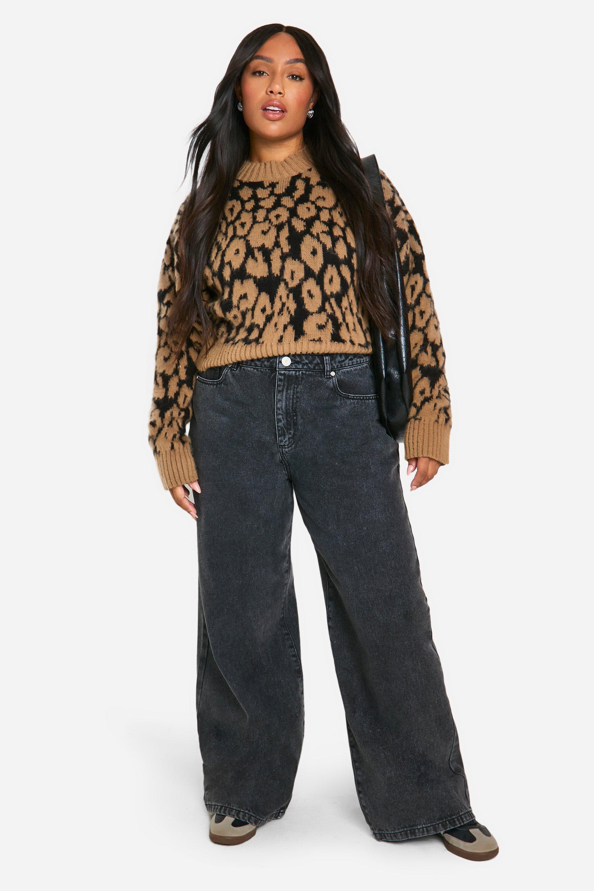 Plus Leopard Ribbed Crew Neck Jumper boohoo NZ