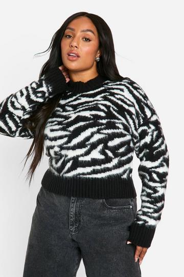 Plus Brushed Zebra Cropped Sweater black