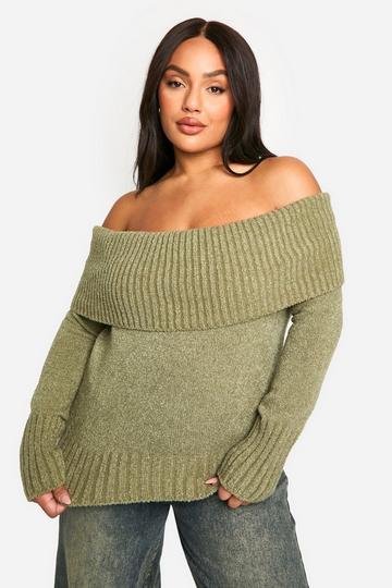 Plus Knitted Bardot Top olive