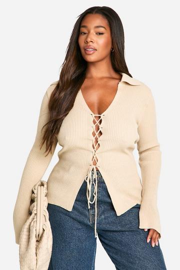 Stone Beige Plus Lace Up Collared Jumper