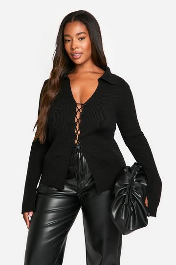 Black Plus Lace Up Collared Sweater