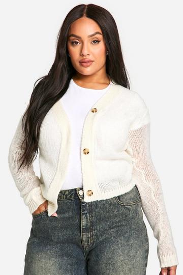 Cream White Plus Knitted Cropped Cardigan