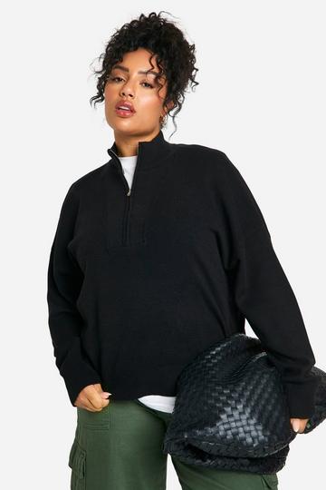 Black Plus Half Zip Neck Collared Jumper