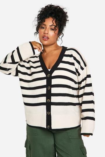 Plus V Neck Stripped Cardigan ivory