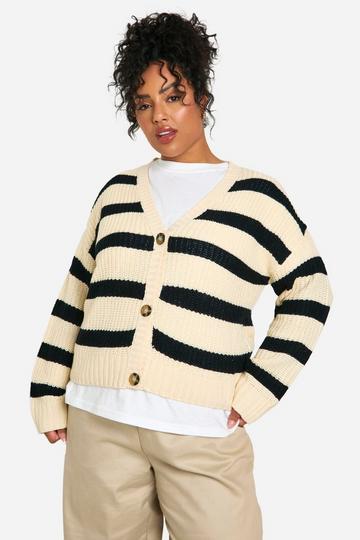 Plus Gestreepte Cardigan Met V-Hals oatmeal