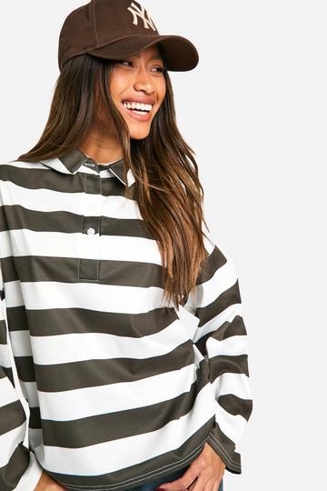 Stripe Oversized Button Collared Rugby Top khaki