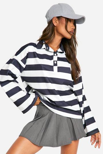 Oversized Gestreepte Rugby Top Met Knopen En Kraag navy