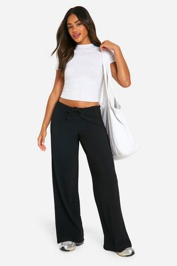 Rib Drawstring Waist Wide Leg Trouser black