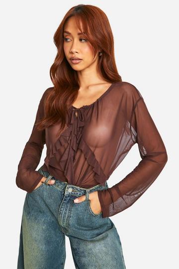 Mesh Frill Front Long Sleeve Top chocolate