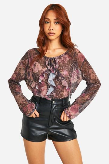 Mesh Frill Front Long Sleeve Top multi