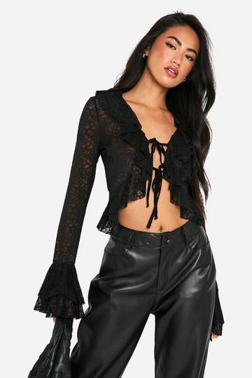 Black Lace Ruffle Front Flare Sleeve Top