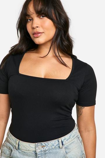 Plus Katoenen Bodysuit Met Vierkante Hals En Korte Mouwen black