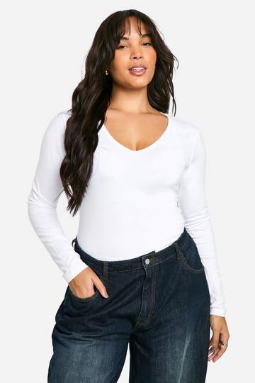 White Plus Long Sleeve V Neck T-Shirt