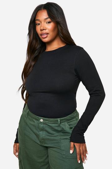 Plus Cotton Long Sleeve Crew Neck Bodysuit black