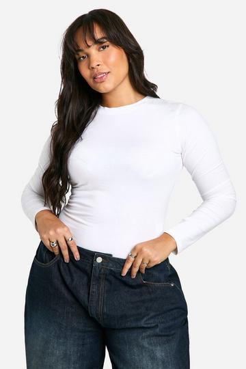 White Plus Cotton Long Sleeve Crew Neck Bodysuit