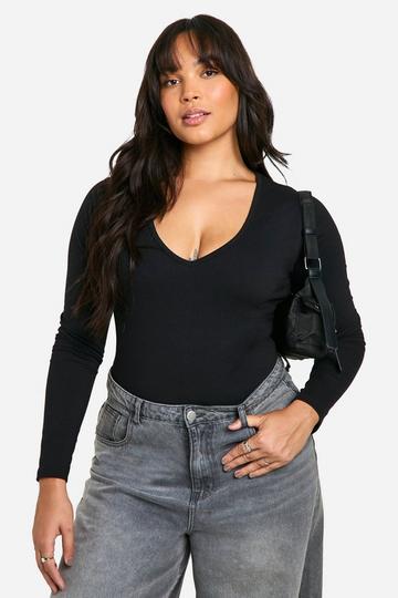 Plus Cotton Plunge Long Sleeve Bodysuit black